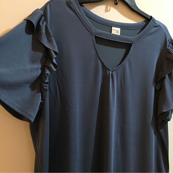 Terra Sky Ruffle Sleeve, Keyhole V neck, round bottom Top - Picture 2 of 5